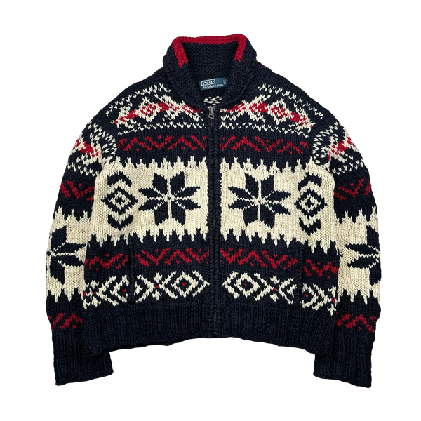 Ralph Lauren Wool Cable Knit Zipped Folk Style Flag Jumper - Medium