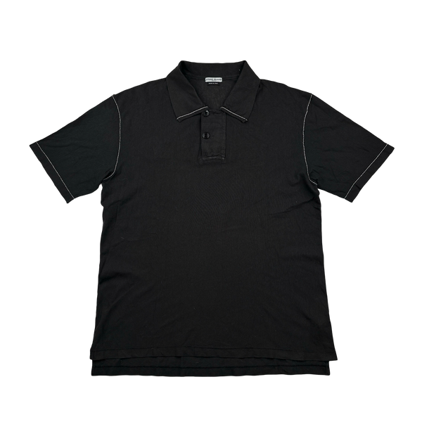 Stone Island 2004 Black Contrast Stitch Laser Cut Spellout Cotton Polo Shirt - XL