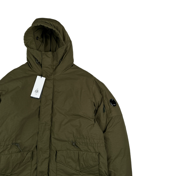 CP Company Khaki Flatt Nylon Extractable Down Filled Lens Viewer Long Puffer Jacket - Large