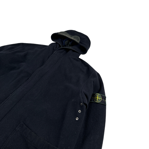 Stone Island 1998 Navy Green Edge Wool Long Parka Jacket - Large
