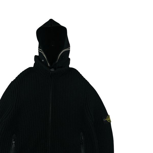 Stone Island 2006 Dutch Rope Hood Thick Heavyweight Wool Ribbed Zipped Knit Pullover - XXL