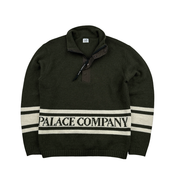 CP Company Green Wool Quarter Zip Knitted Spellout Jumper - Small