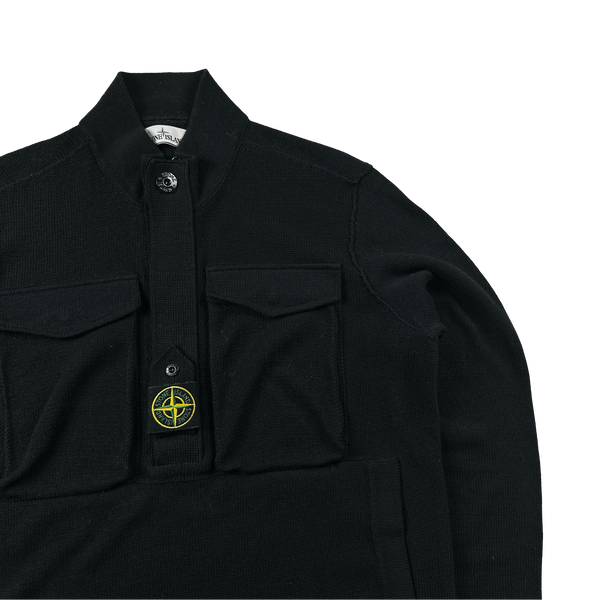 Stone Island 2021 Black Ribbbed Knit Centre Badge Zipped Jumper - Large
