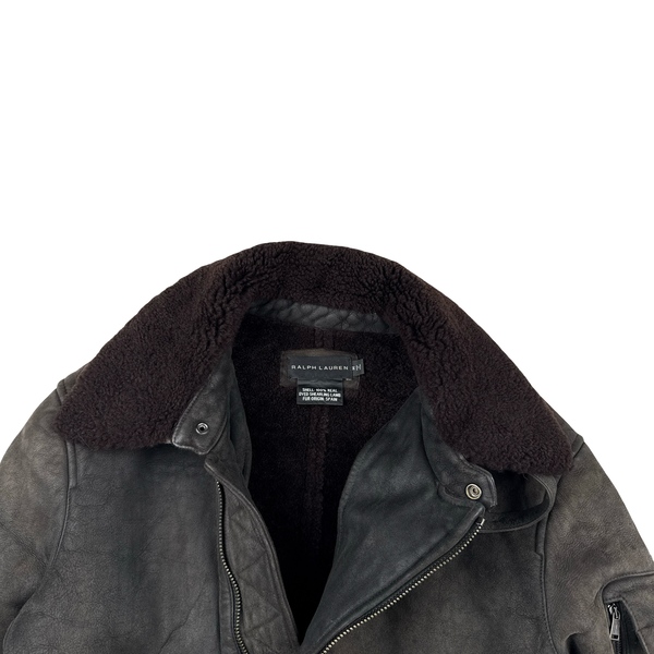 Ralph Lauren Black Label Leather Lined Shearling Collar Bomber Jacket - Medium