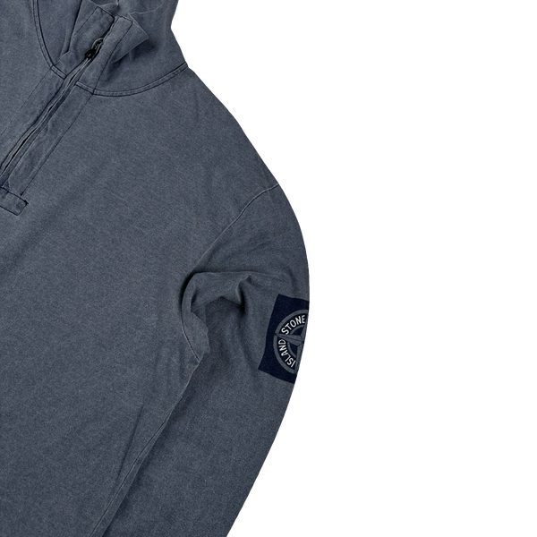 Stone Island 2002 Blue Cotton Quarter Zip Spellout Compass Pullover - XL