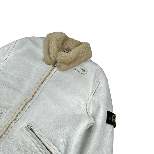 Stone Island 2005 White Hand Painted Lambskin Leather Thick Shearling Jacket - XL