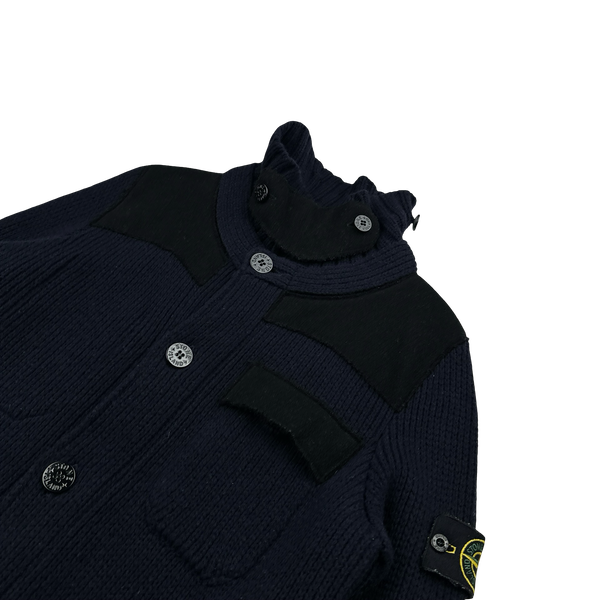 Stone Island 2011 Heavyweight Wool Navy Panelled Buttoned Knit - Medium