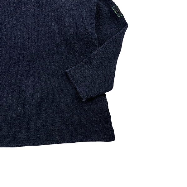 Stone Island 1995 Navy Knitted Chenille Green Edge Mock Neck Pullover - XL