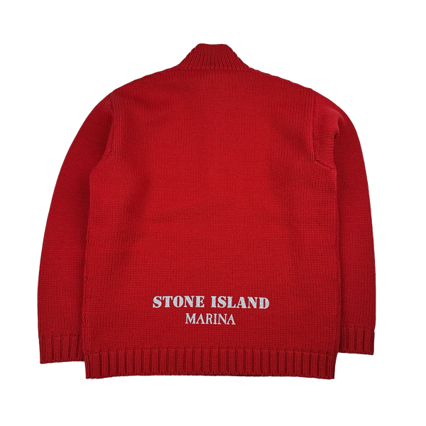 Stone Island 2025 Marina Red Quarter Zip Pure Wool Knit Spellout Jumper - Large
