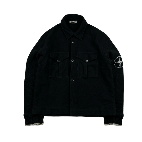 Stone Island 90s Black Wool Collared Buttoned Knit Compass Jumper - Large
