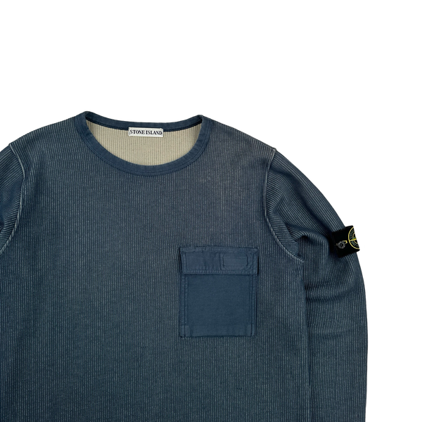 Stone Island Vintage 2000s Blue Ribbed Cotton Blend Pullover Jumper - Large