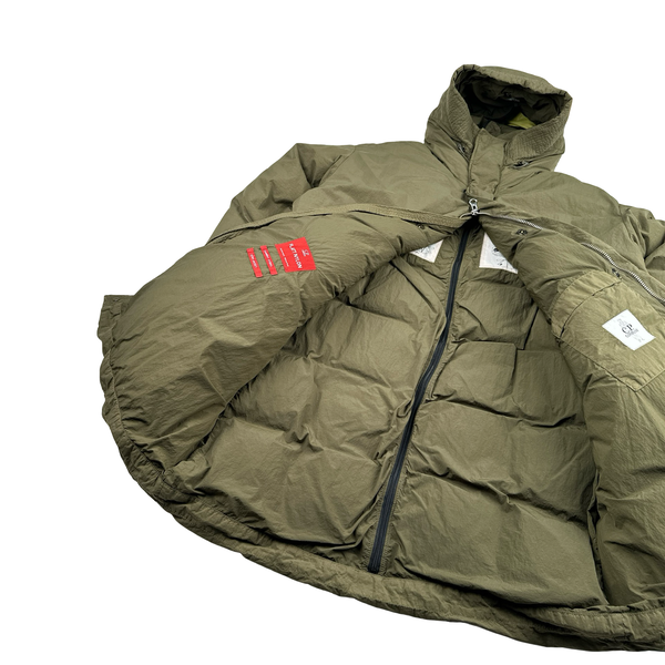 CP Company Khaki Flatt Nylon Extractable Down Filled Lens Viewer Long Puffer Jacket - XL