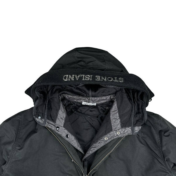 Stone Island 2007 Black David TC Dutch Liner Spellout Hood Long Parka Jacket - XXL