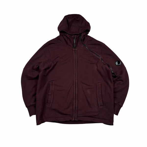 CP Company Burgundy Hooded Diagonal Zipped Cotton Lens View Zip Up - XXL