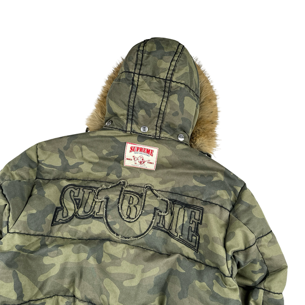 Supreme X True Religion Green Camo Contrast Stitch Pocket Puffer Fur Hood Jacket - Large