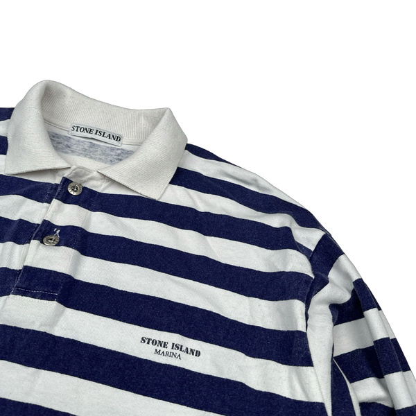 Stone Island Vintage 80's Cotton Blue Striped Marina Longsleeve Polo - Medium