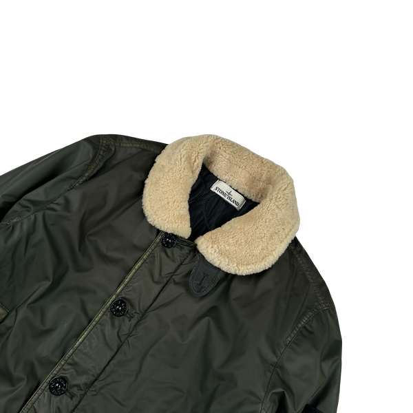 Stone Island 2015 Dark Green Mussola Gommata Sherling Flight Jacket - Medium