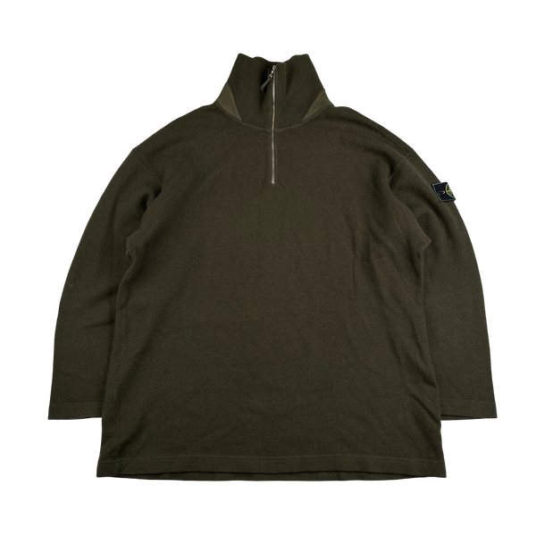Stone Island Vintage 1994 Khaki Quater Zip Green Edge Wool Blend Jumper - XXL