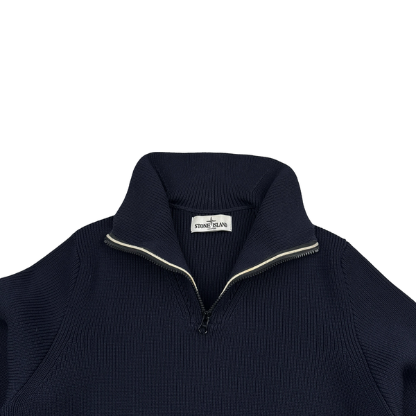 Stone Island Navy Wool Ribbed Zipped Neck Knit Jumper - Medium