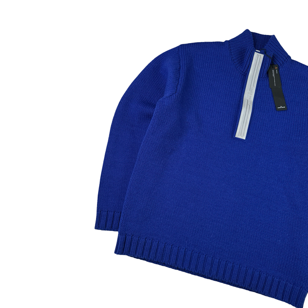 Stone Island 2025 Marina Blue Quarter Zip Pure Wool Knit Spellout Jumper - Large