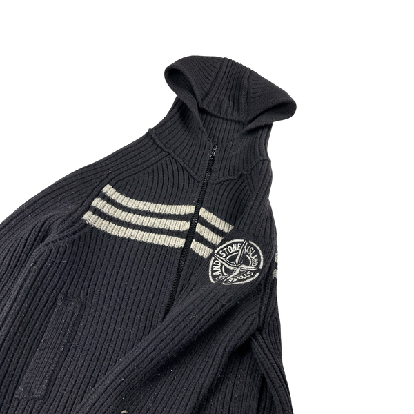 Stone Island 2005 Heavyweight Wool Knit Spellout Hooded Cardigan - Large