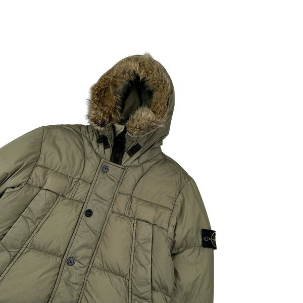 Stone Island 2015 Fur Trim Brown Crinkle Reps Puffer Jacket - Medium