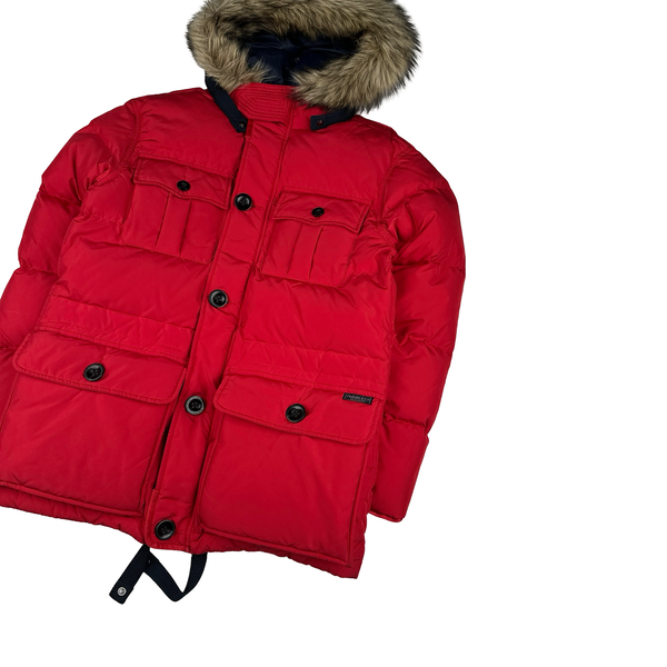 Ralph Lauren Red Down Filled Fur Hood Trim Puffer Jacket - Small
