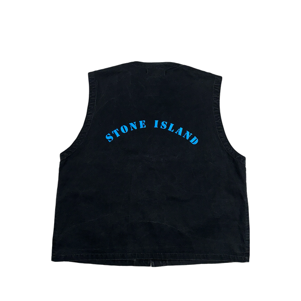 Stone Island 80s Vintage Blue Reflective Spellout Denim Vest - Medium
