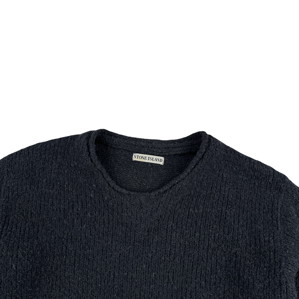 Stone Island 1998 Grey Low Neck Green Edge Knitted Wool Jumper - Large