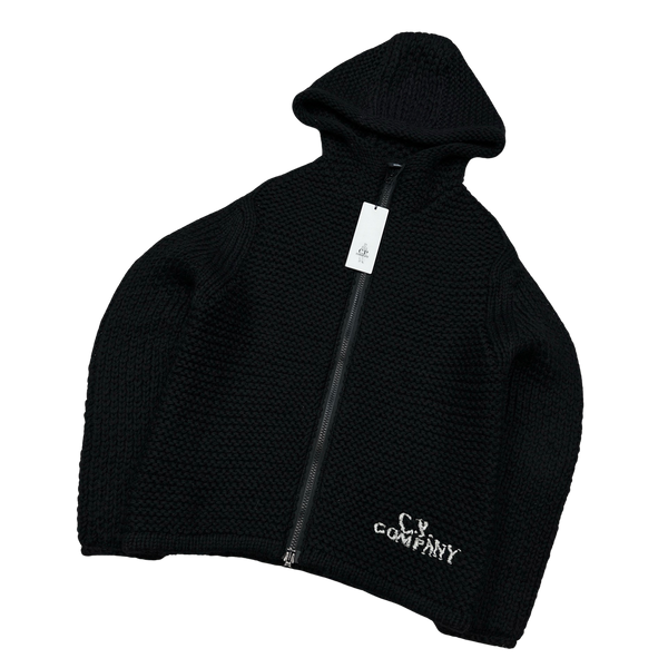 CP Company Black Heavyweight 100% Wool Handmade Knitted Zipped Hoodie - XXL