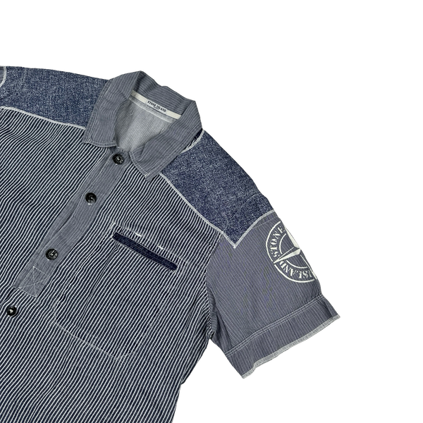 Stone Island 2009 Blue Pin Striped Linen Panelled Short Sleeve Shirt - XXL