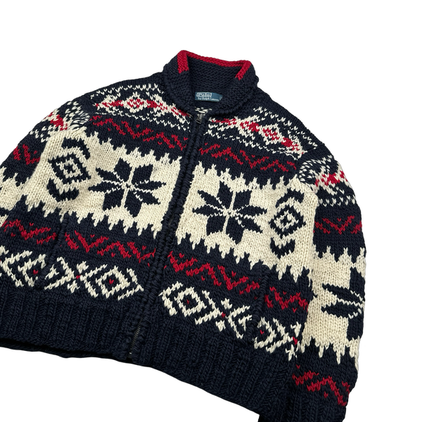 Ralph Lauren Wool Cable Knit Zipped Folk Style Flag Jumper - Medium