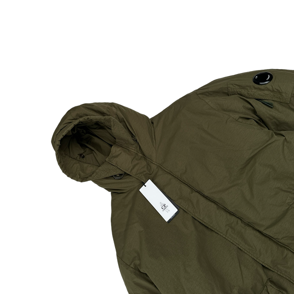 CP Company Khaki Flatt Nylon Extractable Down Filled Lens Viewer Long Puffer Jacket - Large