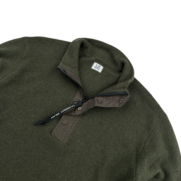 CP Company Green Wool Quarter Zip Knitted Spellout Jumper - Small
