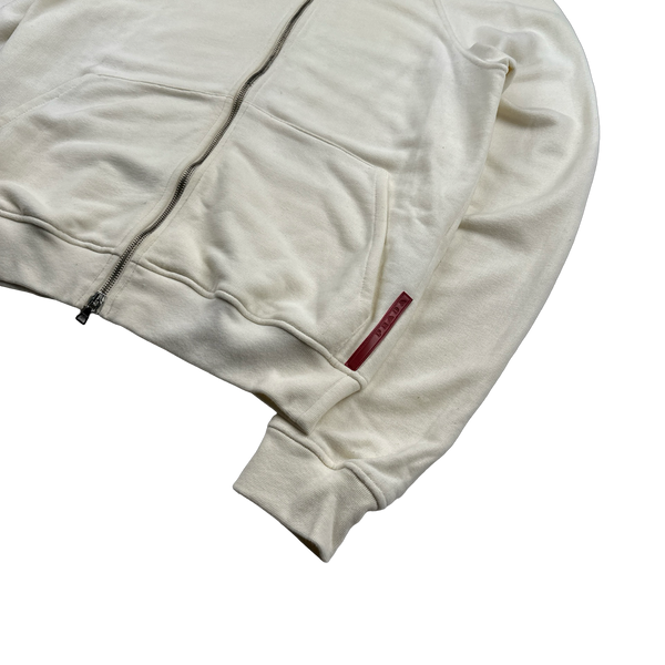 Prada Cream Cotton Red Tab Zipped Hoodie - Large