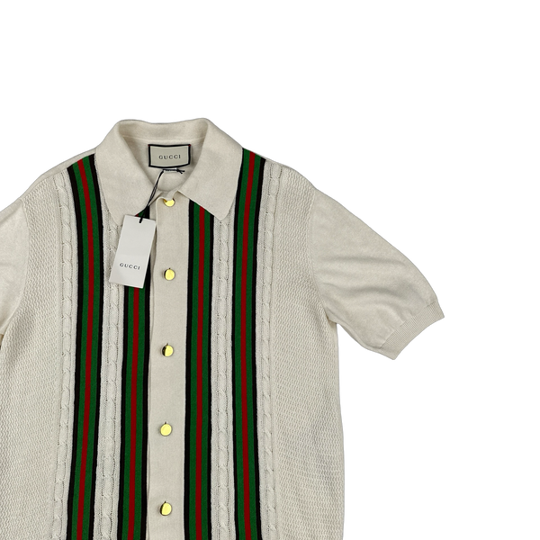 Gucci Stripe Short Sleeve Buttoned Wool Knit Polo Shirt - XL