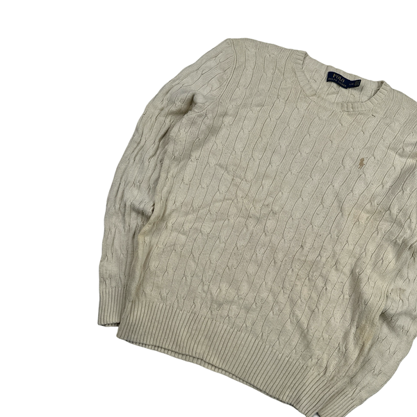 Ralph Lauren Cream Tussan Silk Knit Crewneck Jumper - Large