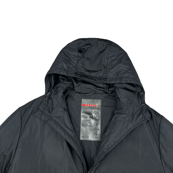 Prada Black Nylon Padded Hooded Long Jacket - Large