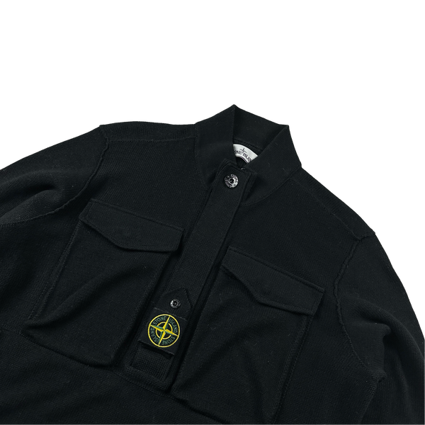 Stone Island 2021 Black Ribbbed Knit Centre Badge Zipped Jumper - Large