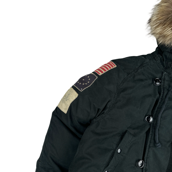 Ralph Lauren Black Down Filled Fur Hood Trim Puffer Jacket - Large