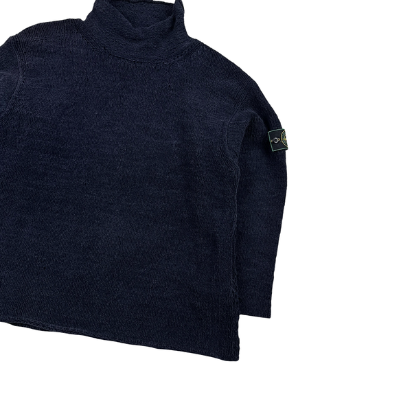 Stone Island 1995 Navy Knitted Chenille Green Edge Mock Neck Pullover - XL