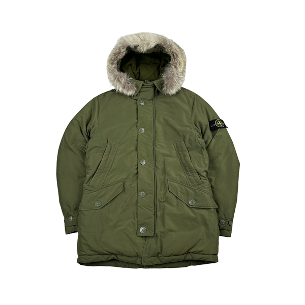 Stone Island 2014 Green Micro Reps Down Filled Fur Trim Parka - Medium