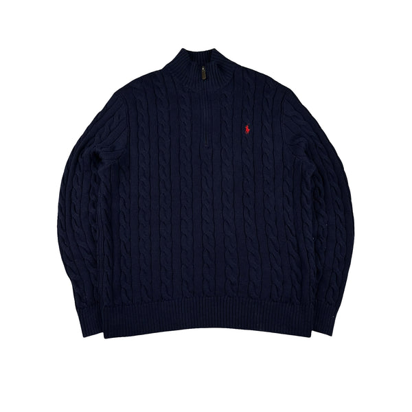 Ralph Lauren Navy Cotton Cable Knit Quarter Zip Jumper - XL