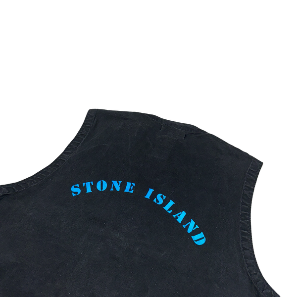 Stone Island 80s Vintage Blue Reflective Spellout Denim Vest - Medium
