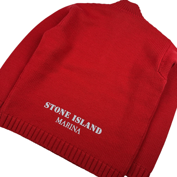 Stone Island 2025 Marina Red Quarter Zip Pure Wool Knit Spellout Jumper - Large