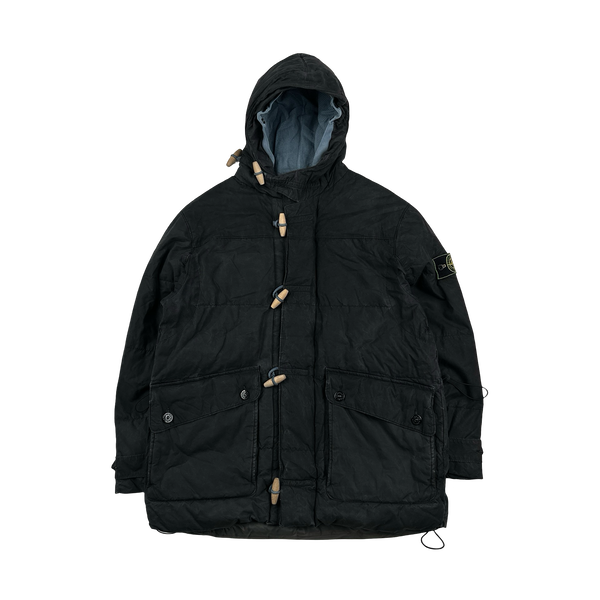 Stone Island 1999 Navy Vintage Waxed Cotton Long Puffer Parka Jacket - Small
