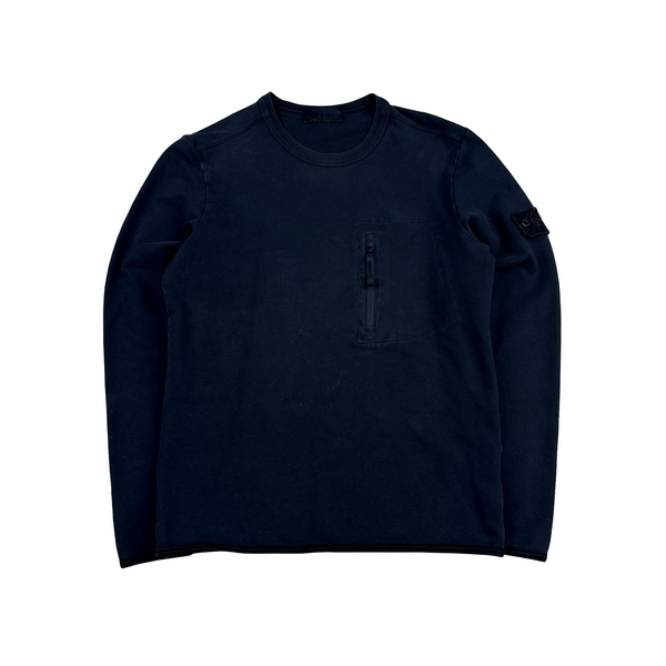 Stone Island Navy Ghost Cotton Chest Zip Crewneck Jumper - Medium
