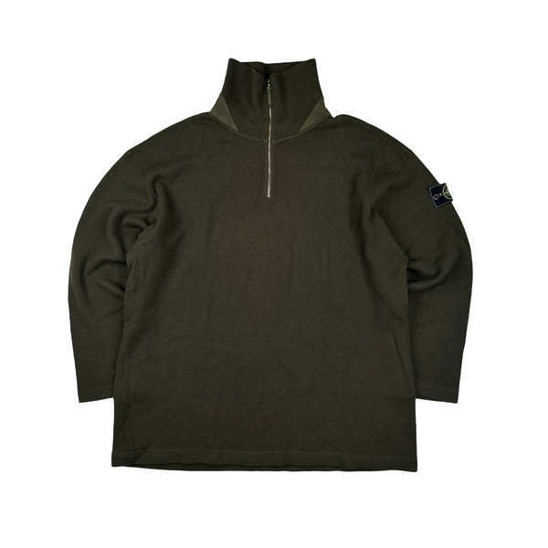 Stone Island Vintage 1994 Khaki Quater Zip Green Edge Wool Blend Jumper - XXL