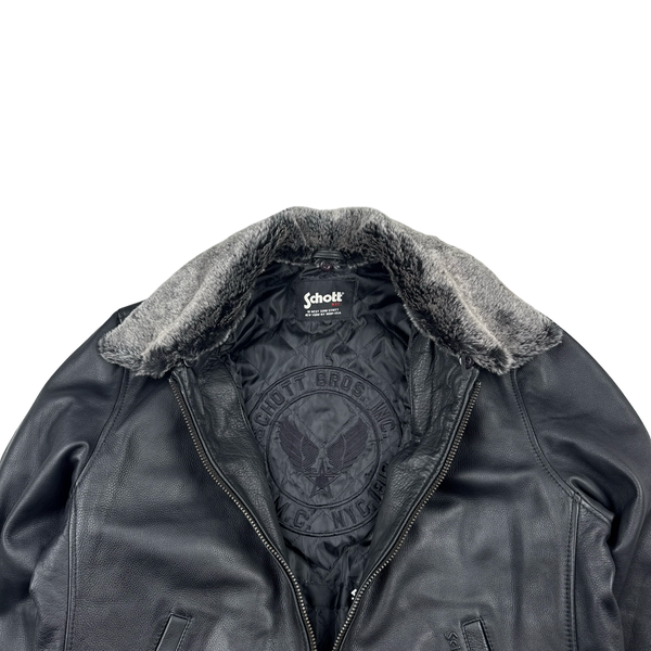 Schott Black Leather Shearling Collar Jacket - Large