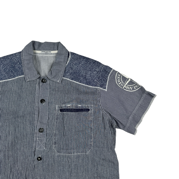Stone Island 2009 Blue Pin Striped Linen Panelled Short Sleeve Shirt - XXL